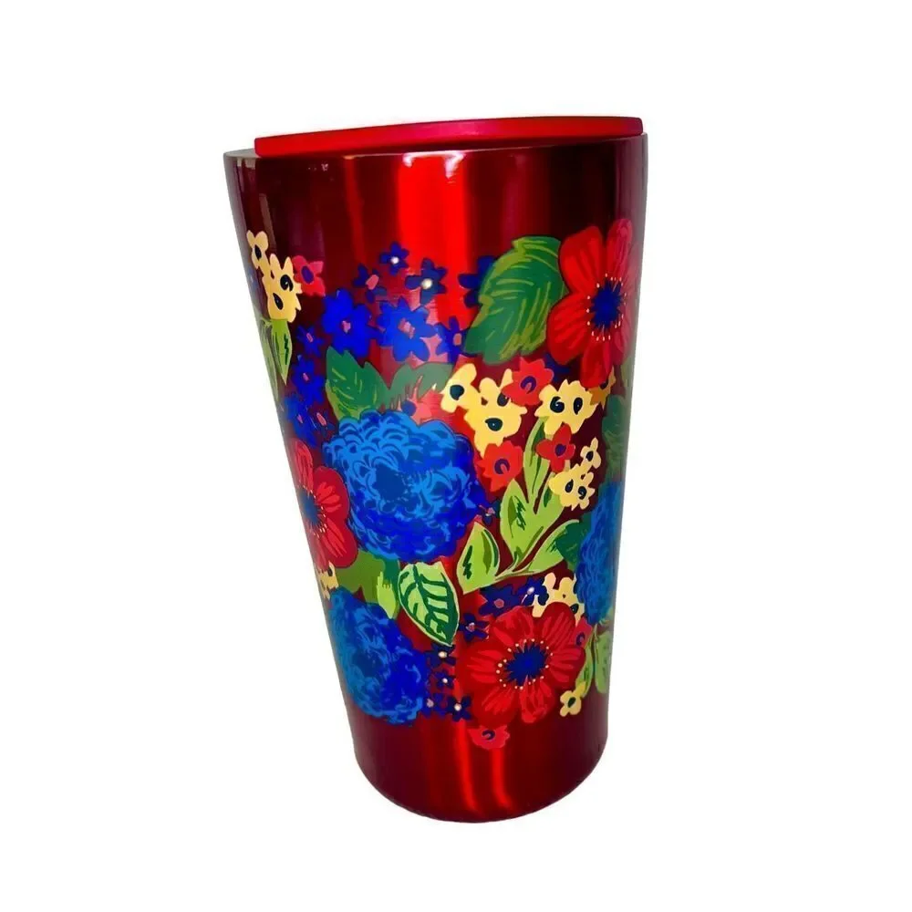 Pioneer Woman Red Floral Stainless Steel Double Insulated Cup Coffee Tea W Top
